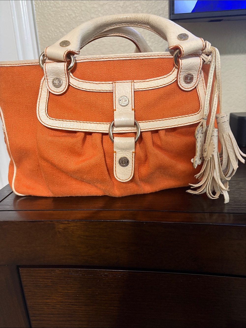 Celine Boogie Canvas Satchel - Orange & Cream Leather Trim with Tassels & Charm